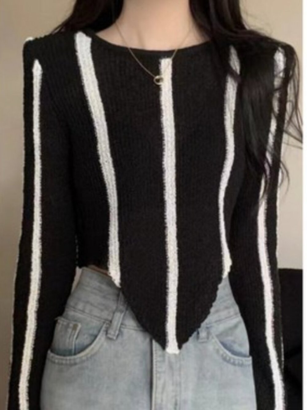 Vintage Knit Black White Stripe Dark Academia V Cut Sweater Top Grunge Y2K S/M